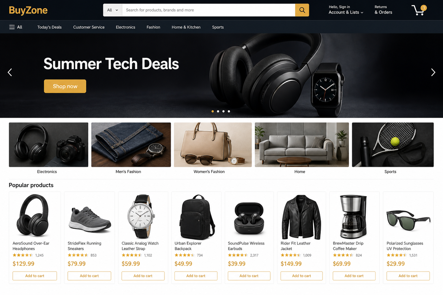 BuyZone — e-commerce storefront with search, category tiles, product grid, ratings, and Add to cart