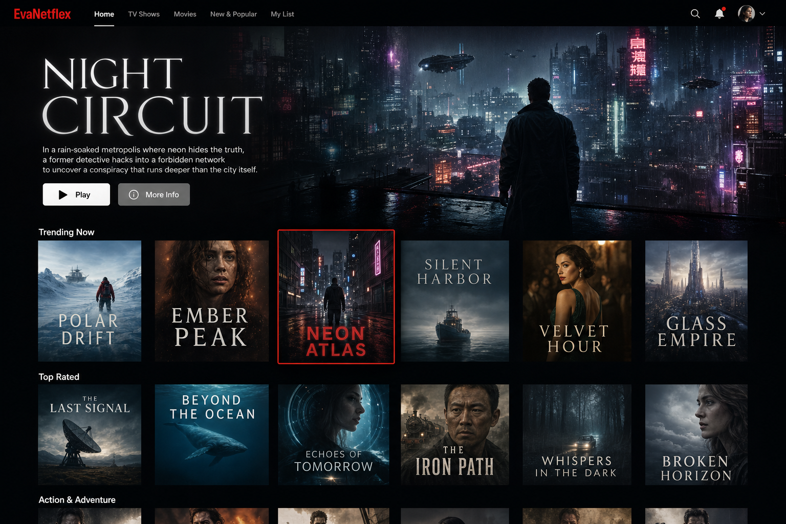 EvaNetflex — Netflix-style streaming homepage with featured title, Play button, and movie poster rows