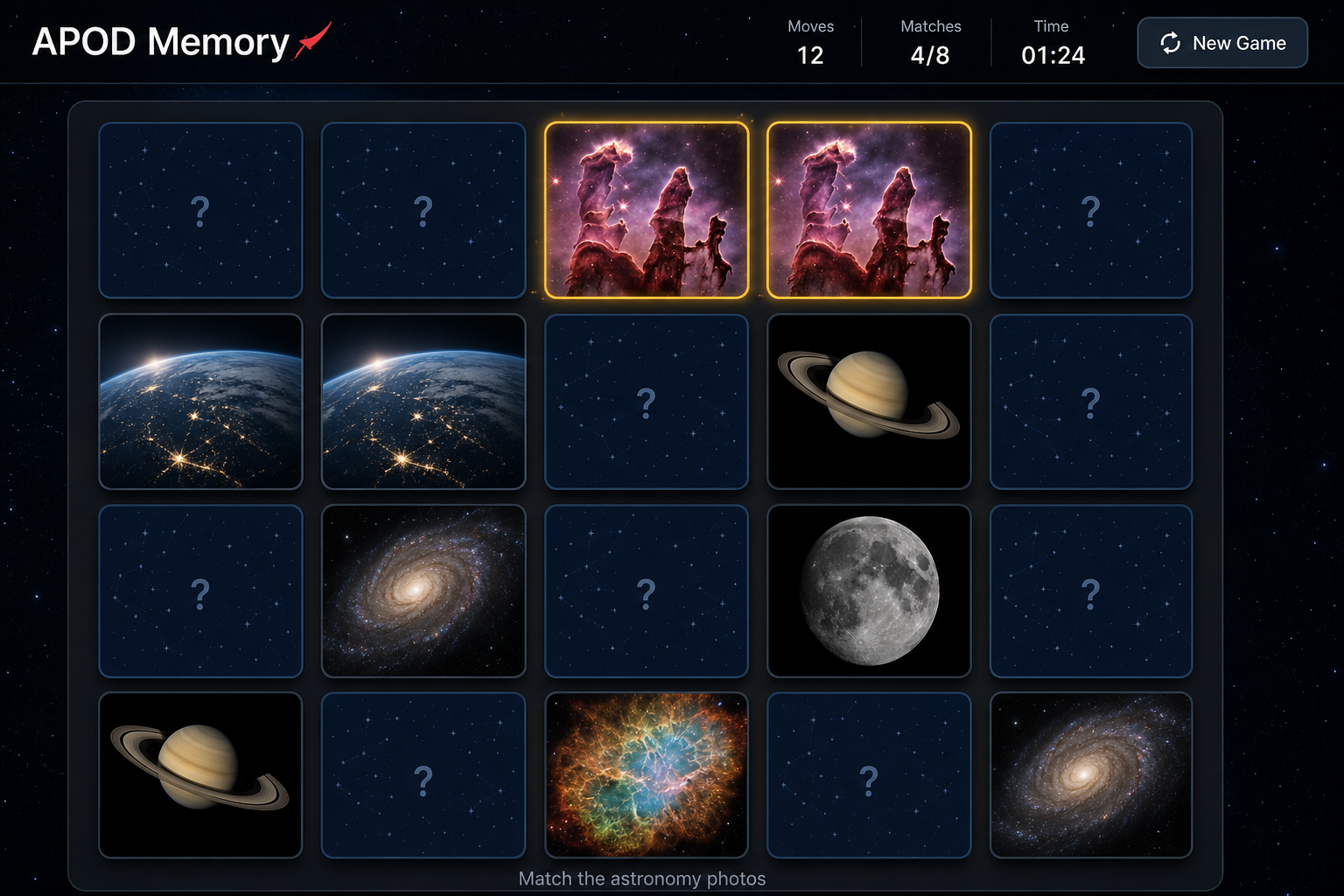 APOD Memory — NASA astronomy photo matching game with score, timer, and card grid