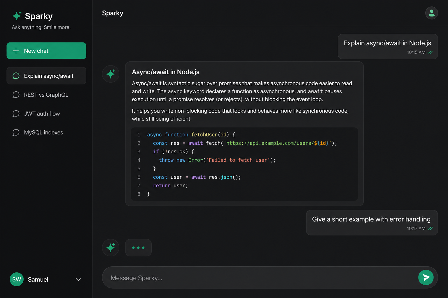Sparky AI — dark chat interface with sidebar history, Markdown replies, and message composer